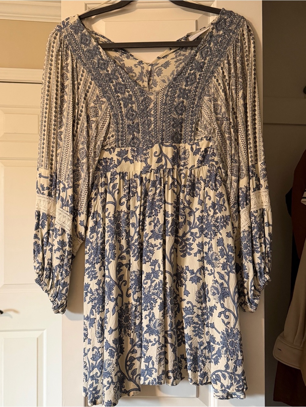 Sincerely Jules Blue Floral Long Sleeve Boho Dress on Cream